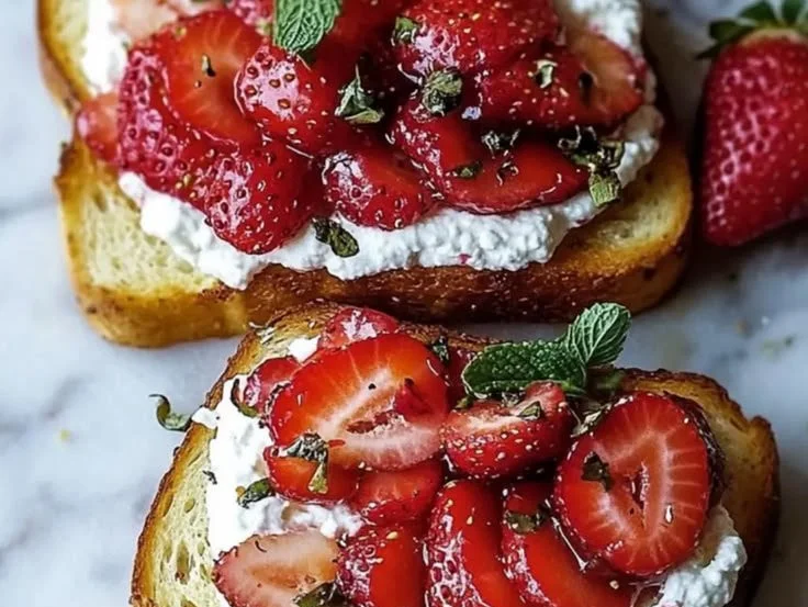 Whipped ricotta toast topped with roasted strawberries on a rustic wooden table