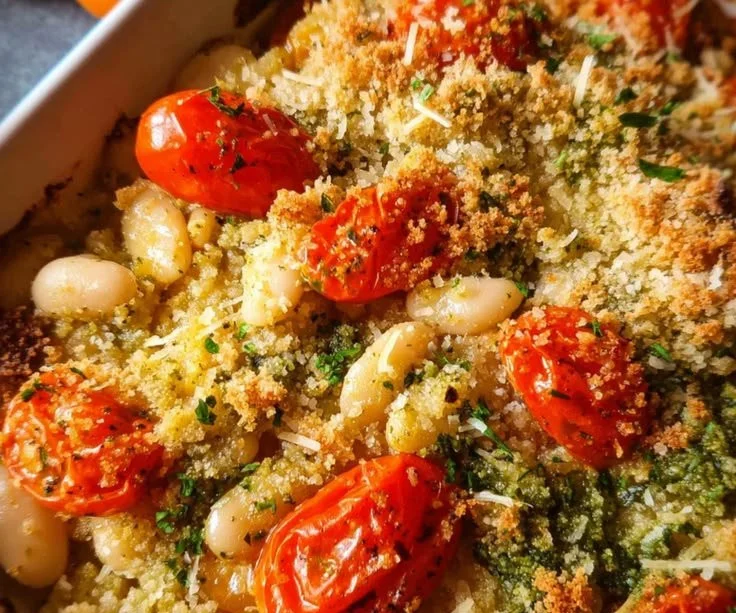 Baked dish of white beans with pesto and vegetables for a comforting meal