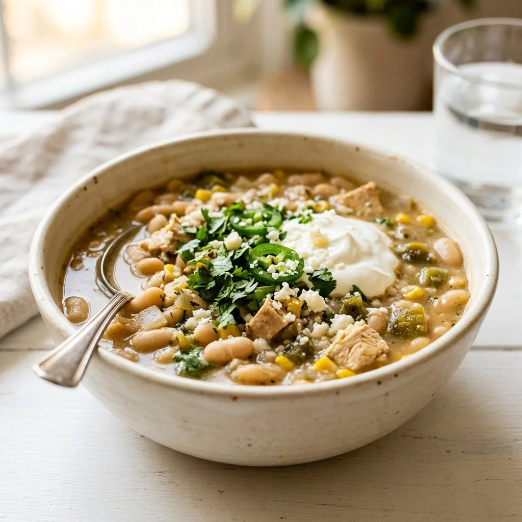 A bowl of white bean chili topped with fresh herbs and lime.
