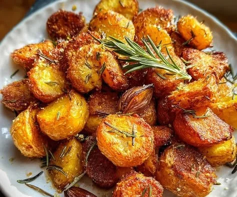 Crispy whole30 roasted potatoes with garlic and rosemary served in a bowl