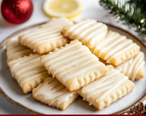 Zesty lemon shortbread cookies with glaze on a plate
