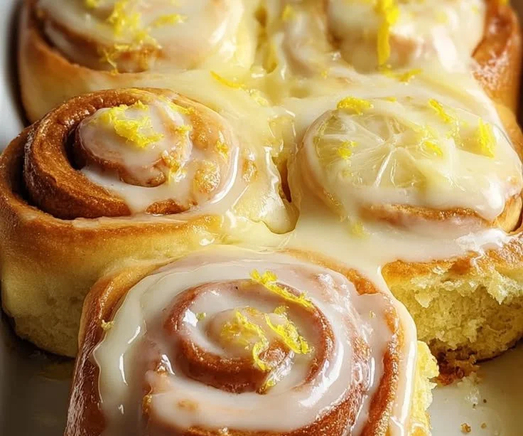 Freshly baked vegan lemon sweet rolls with a zesty glaze on a cooling rack
