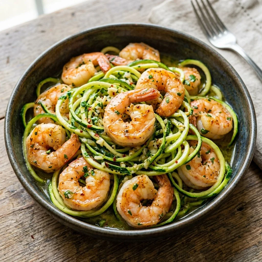 Zucchini noodle shrimp scampi served in a bowl with herbs and lemon