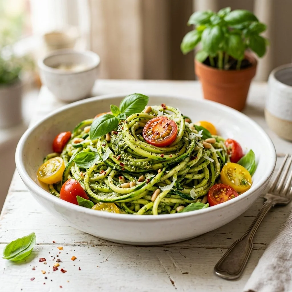 A bowl of zucchini noodles topped with fresh vegetables and sauce