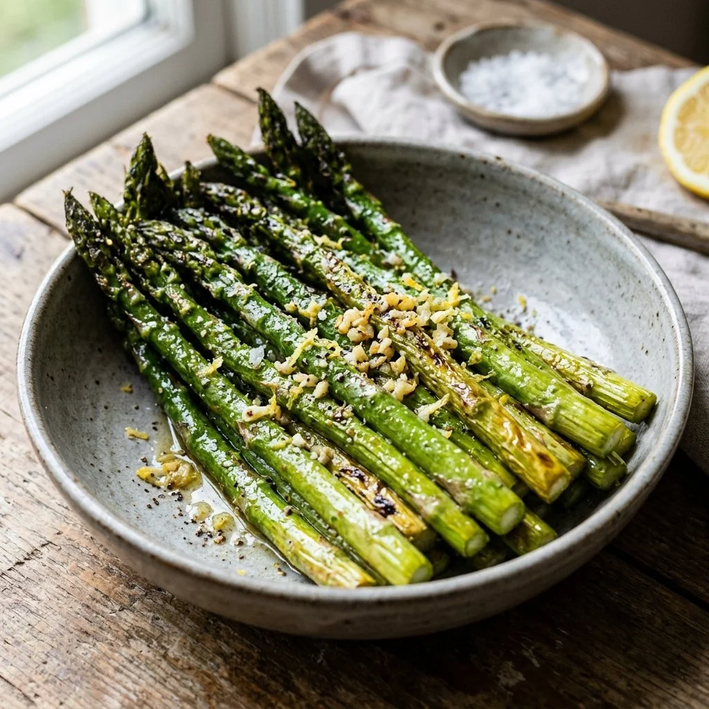 Crispy air fryer asparagus served on a plate with seasonings