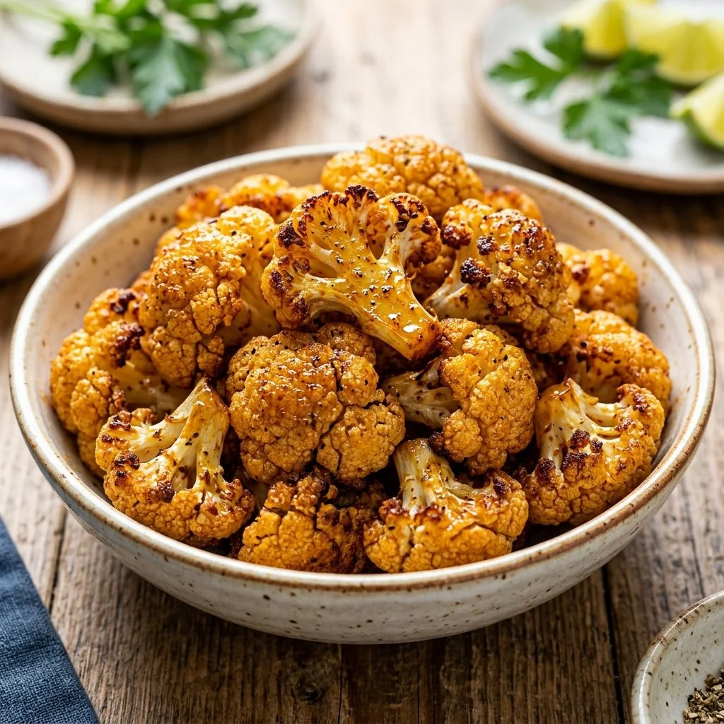 Crispy air fryer cauliflower served in a bowl with seasoning.