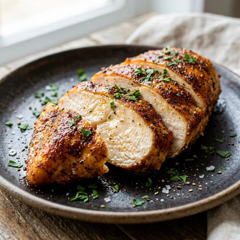 Juicy air fryer chicken breast garnished with herbs and served on a plate
