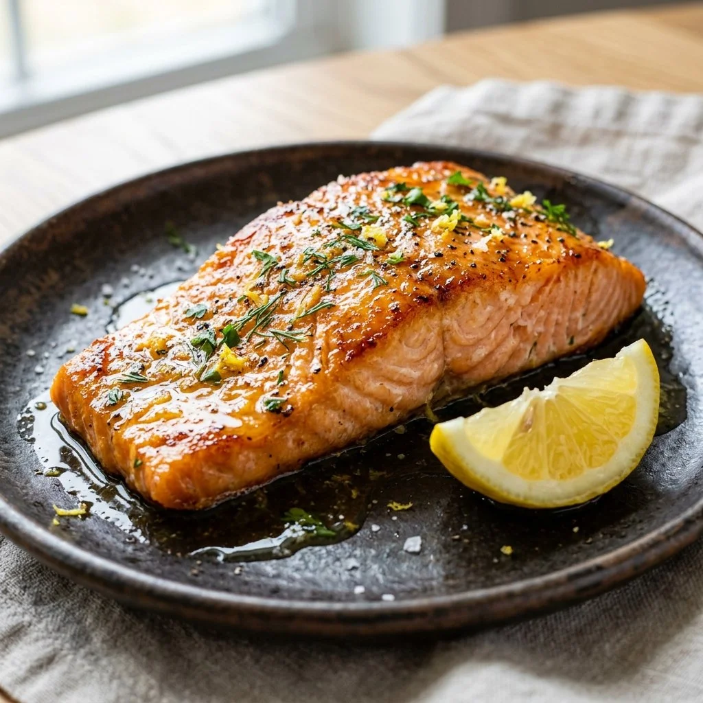 Delicious air fryer salmon fillet served with vegetables
