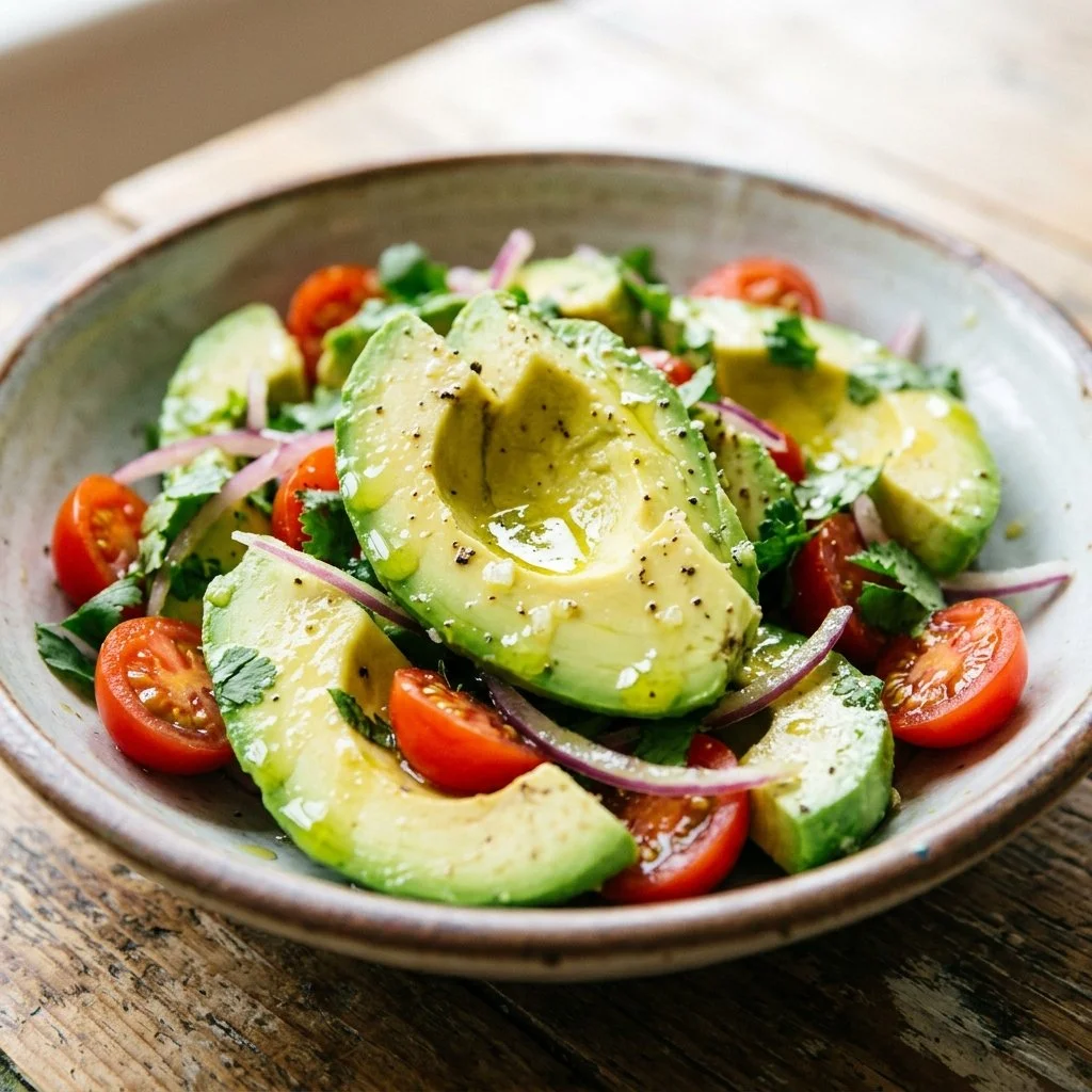 A vibrant avocado salad with fresh vegetables and herbs served in a bowl.