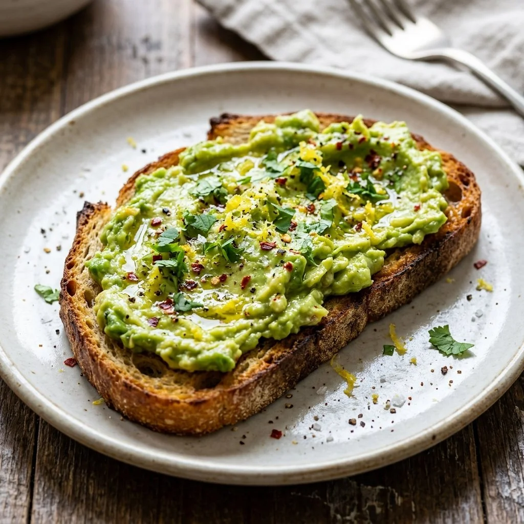 A beautifully plated avocado toast topped with cherry tomatoes and sesame seeds.