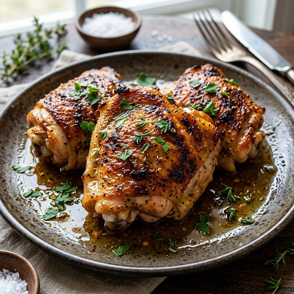 Deliciously baked chicken thighs served with fresh herbs and spices