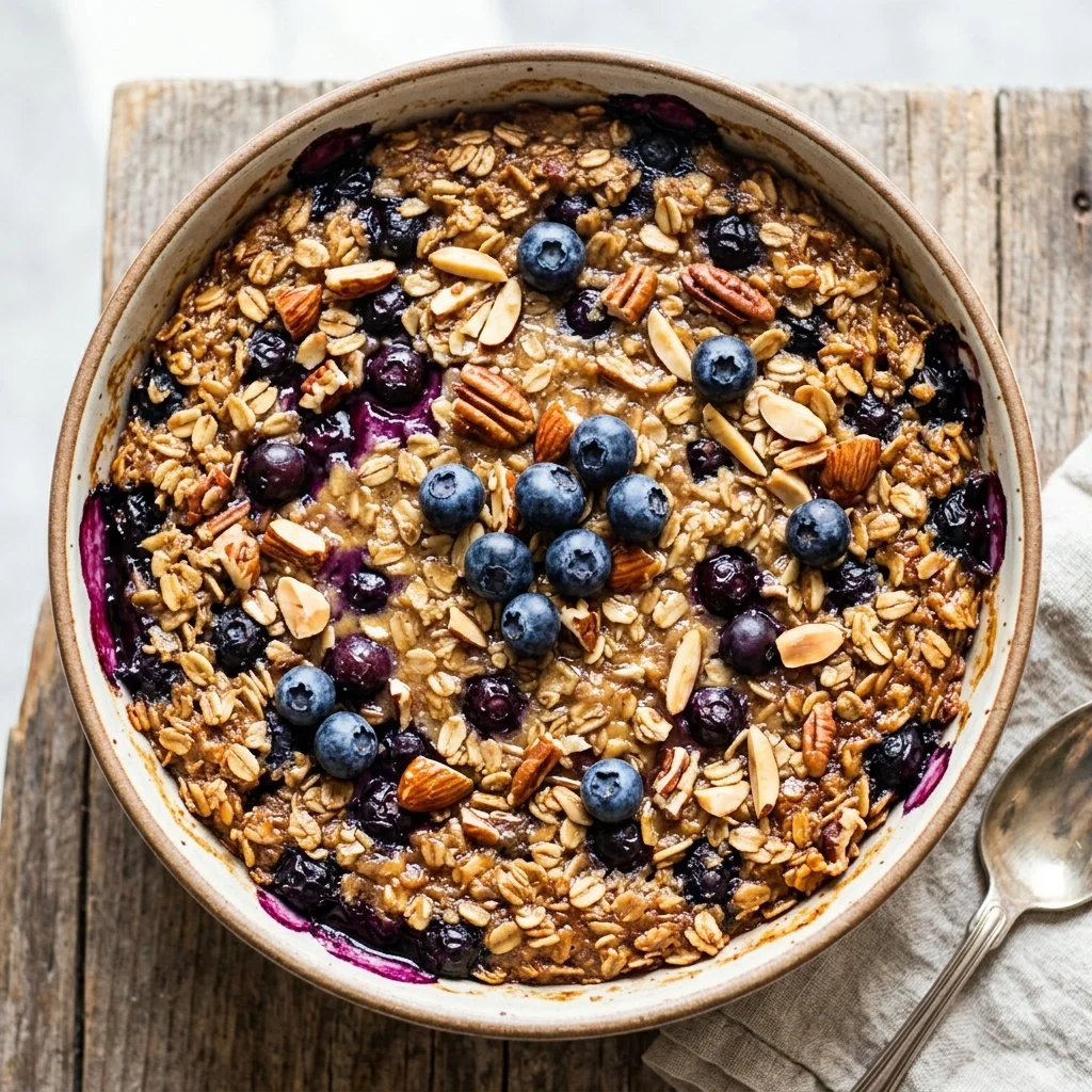 Delicious baked oatmeal topped with fresh fruit and nuts in a baking dish