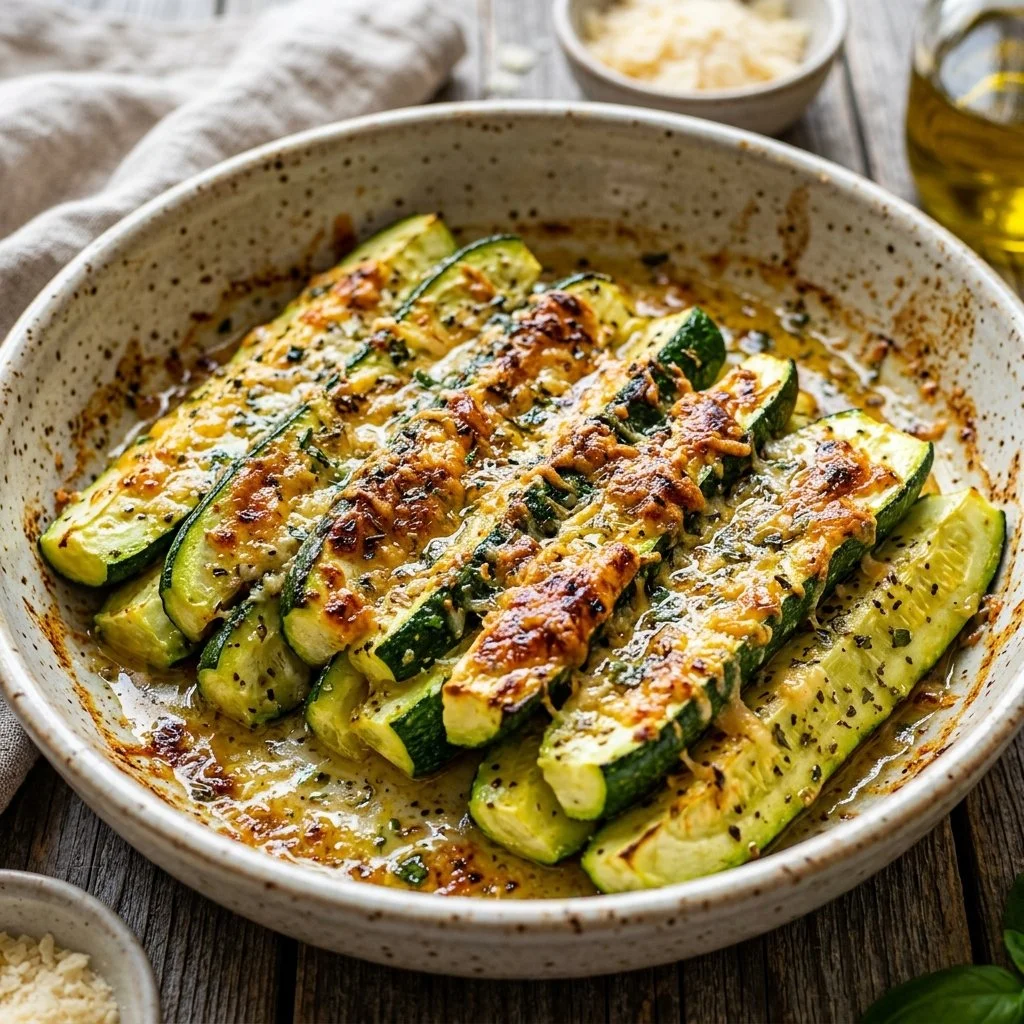 Baked Parmesan Zucchini slices topped with melted cheese and herbs