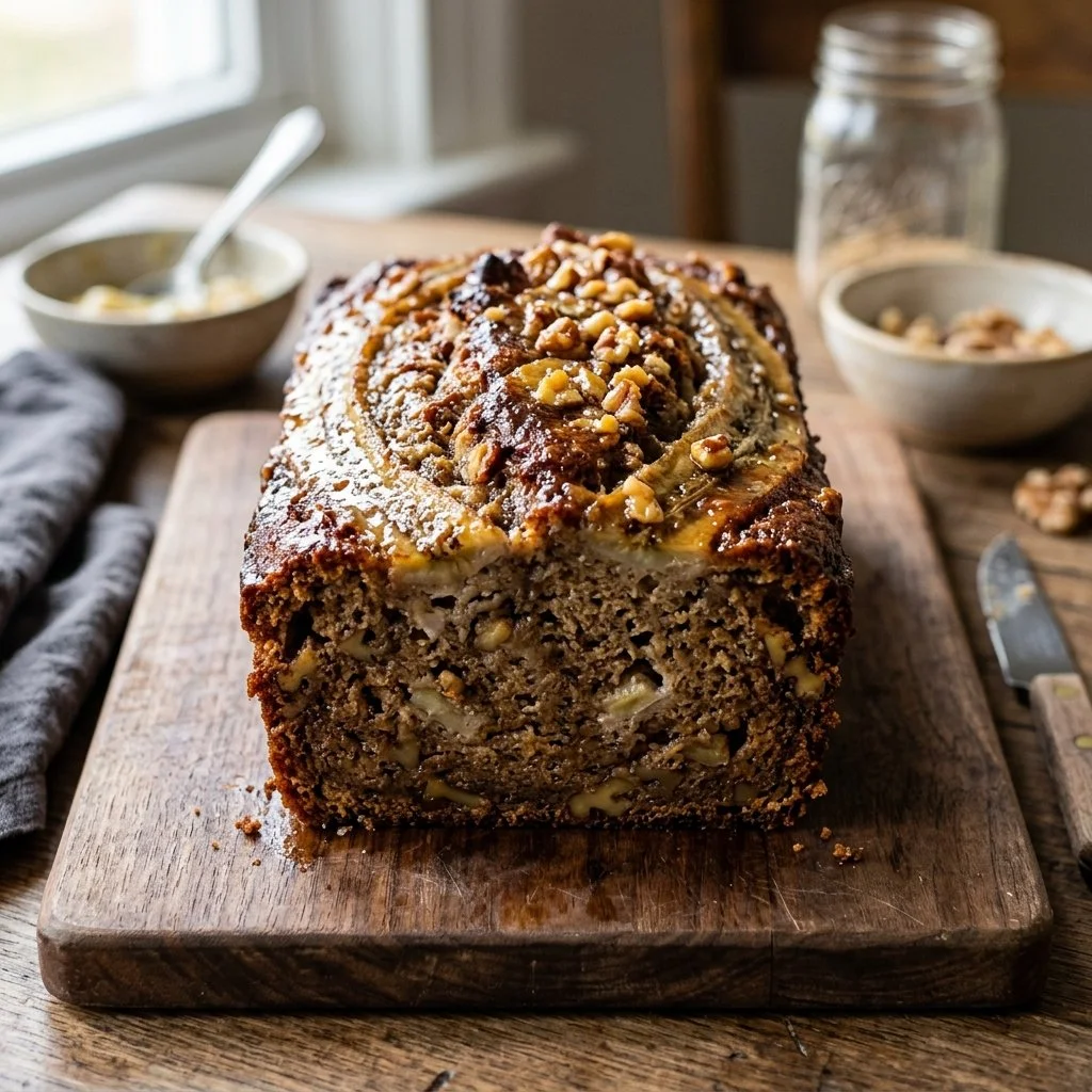 Delicious slice of homemade banana bread on a wooden table