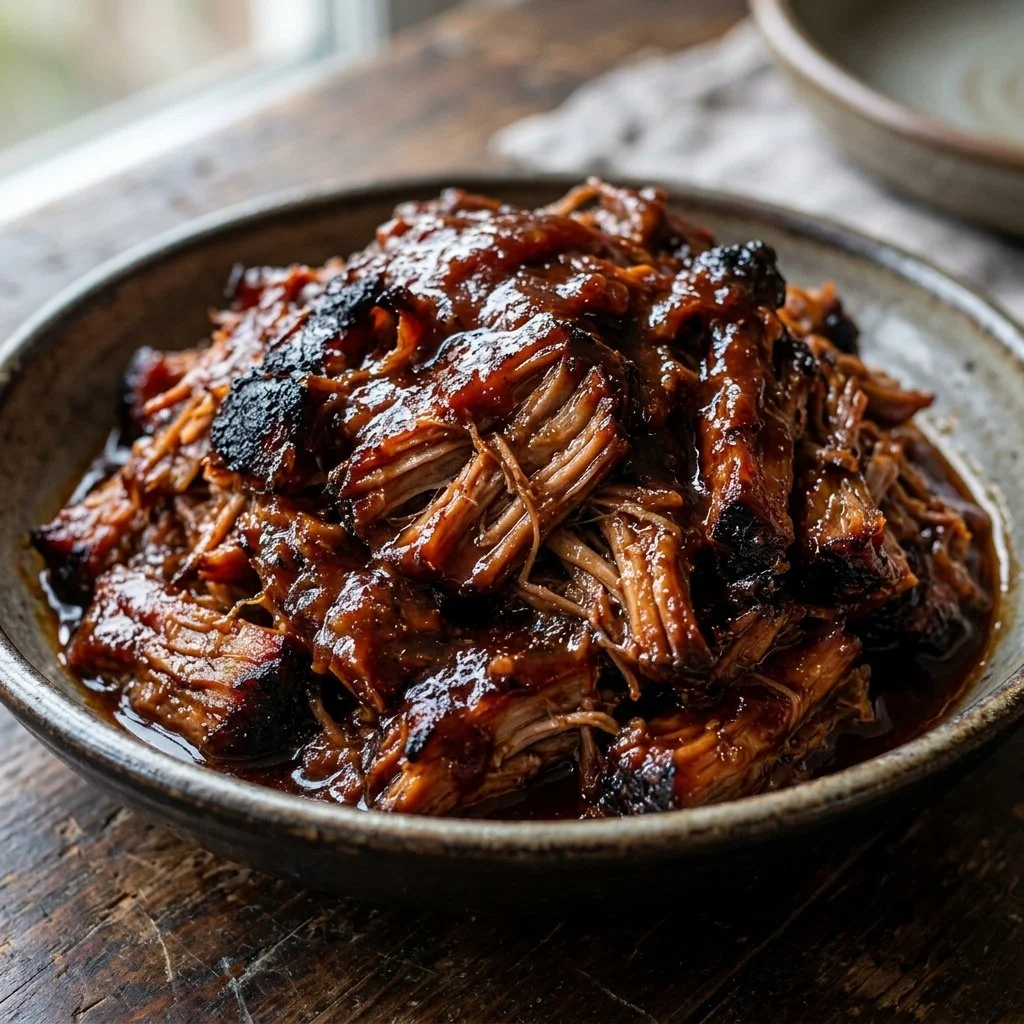 Delicious BBQ pulled pork served on a platter with coleslaw and buns