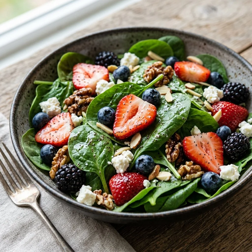 A vibrant Berry Spinach Salad with fresh berries and greens
