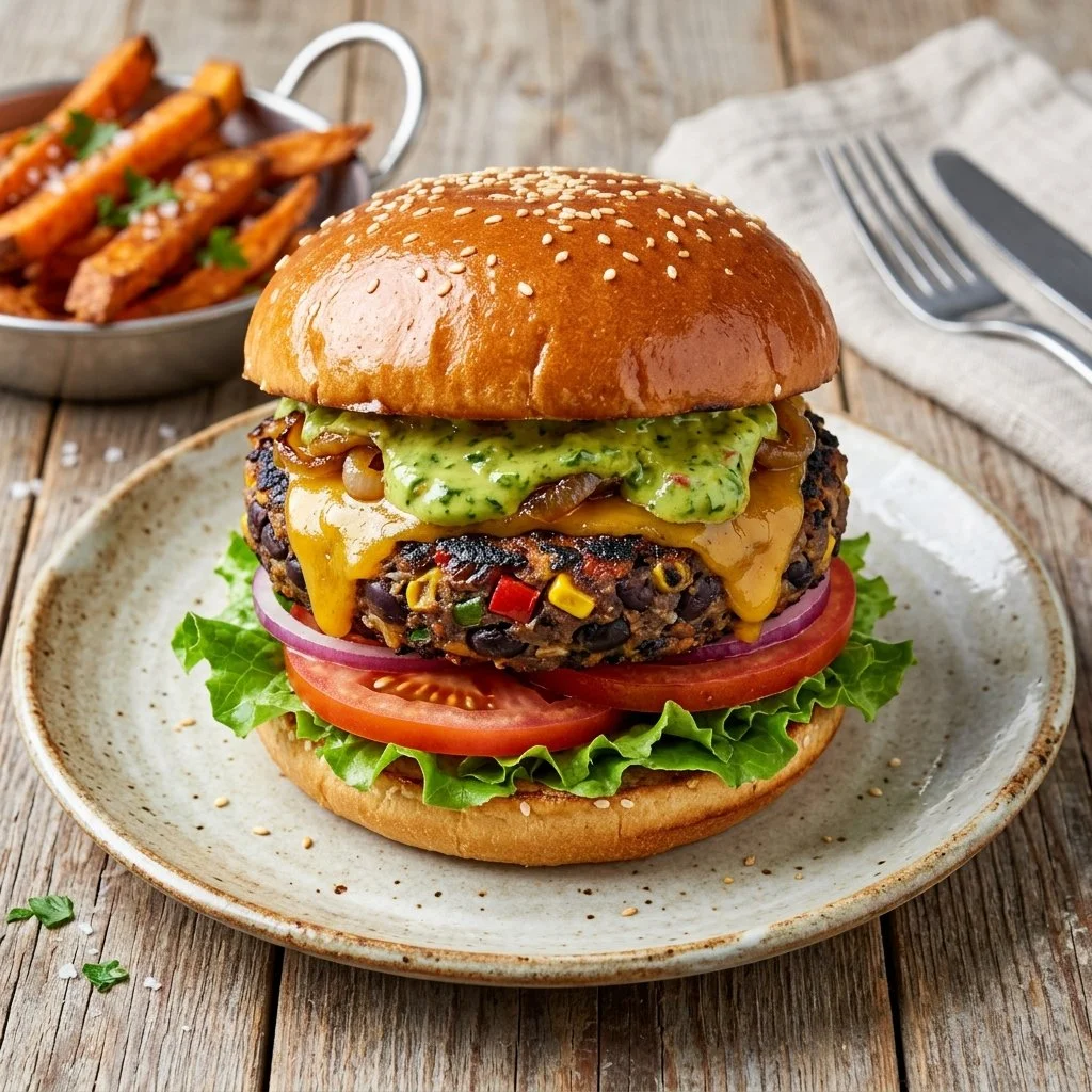 Homemade black bean burgers on a wooden table with fresh toppings