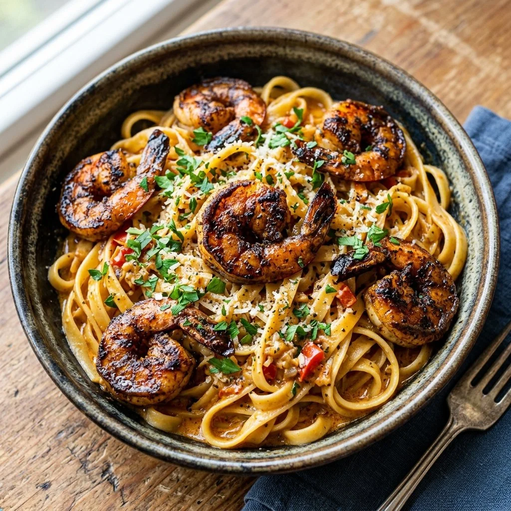 A delicious plate of blackened shrimp pasta garnished with fresh herbs.