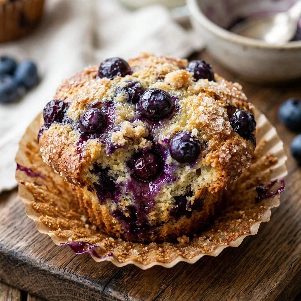 Freshly baked blueberry muffins with plump blueberries on a rustic background