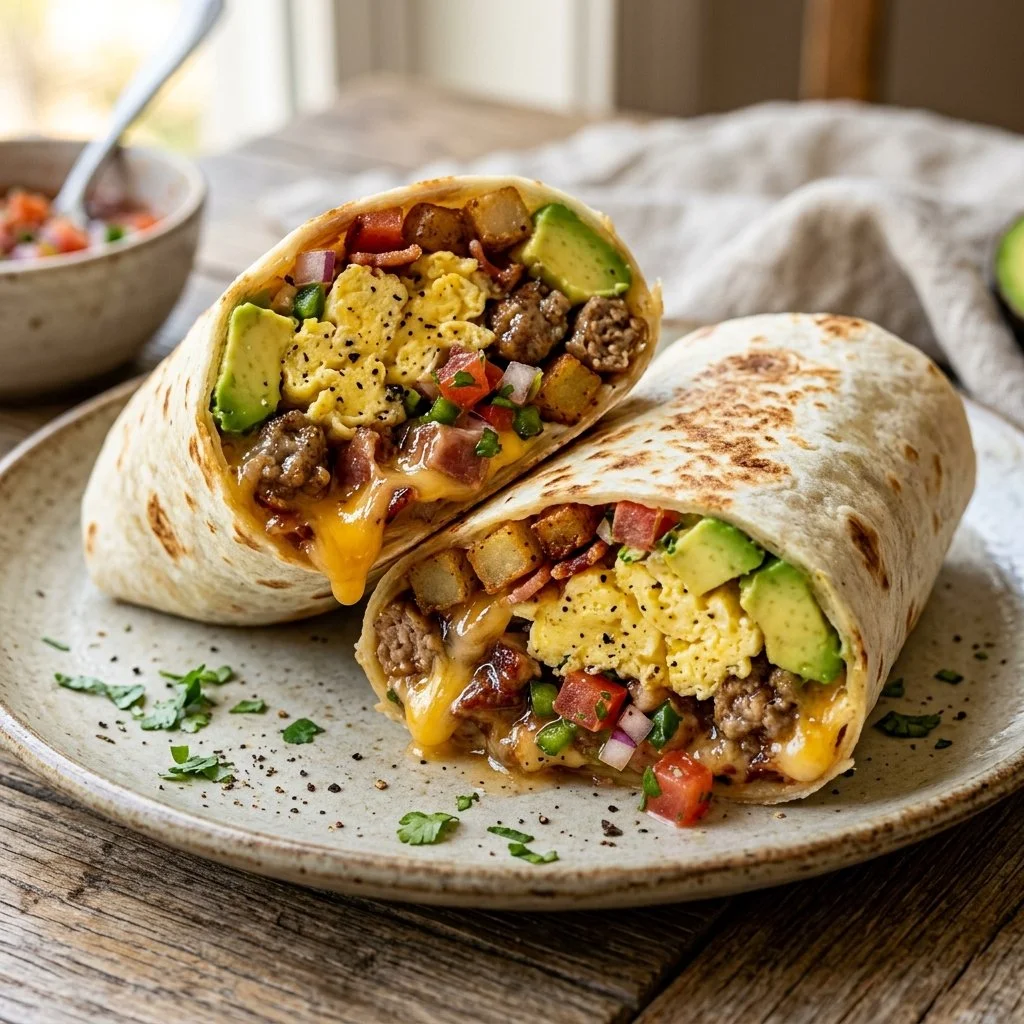 Delicious breakfast burritos filled with eggs, cheese, and fresh vegetables