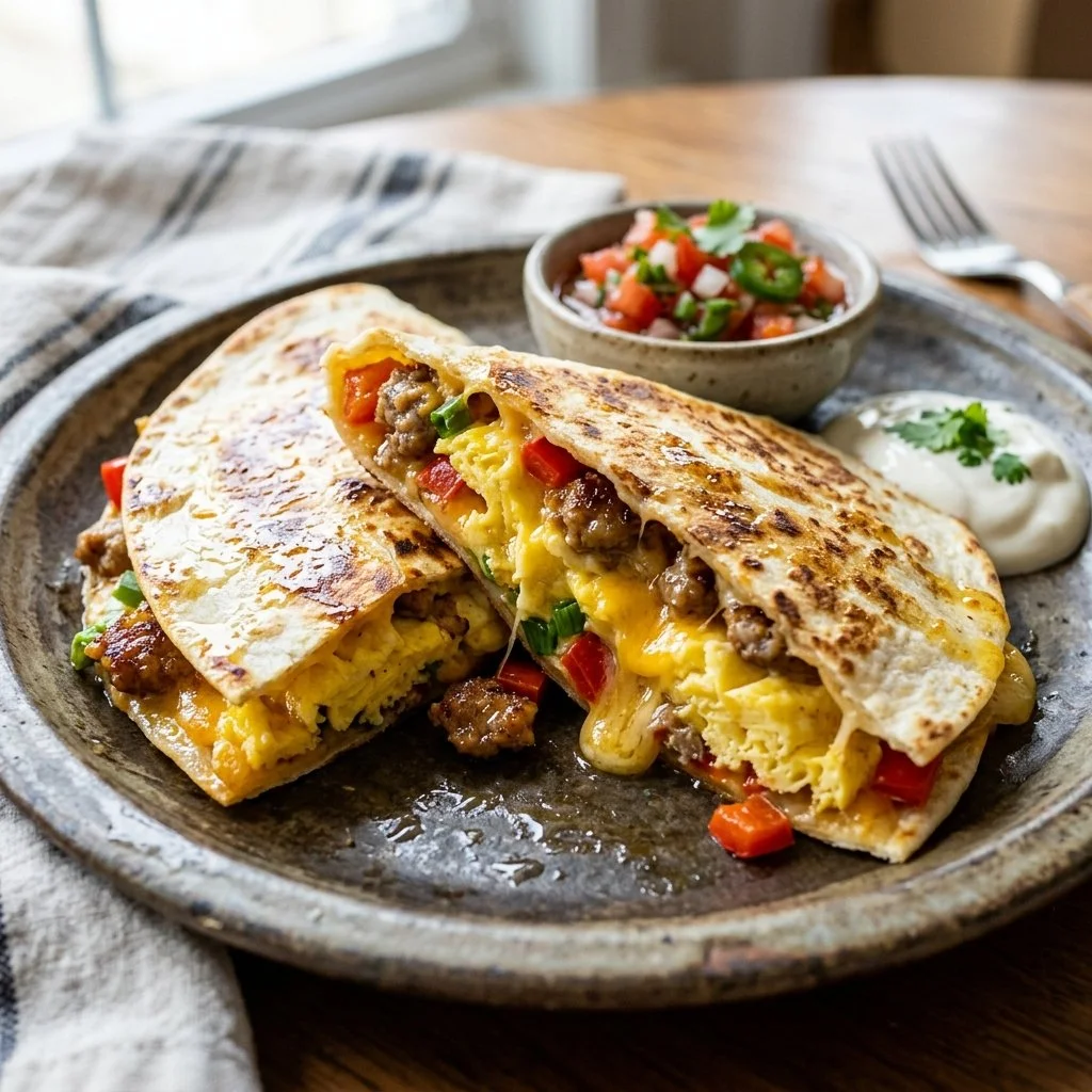 Delicious breakfast quesadillas with eggs, cheese, and vegetables on a plate.