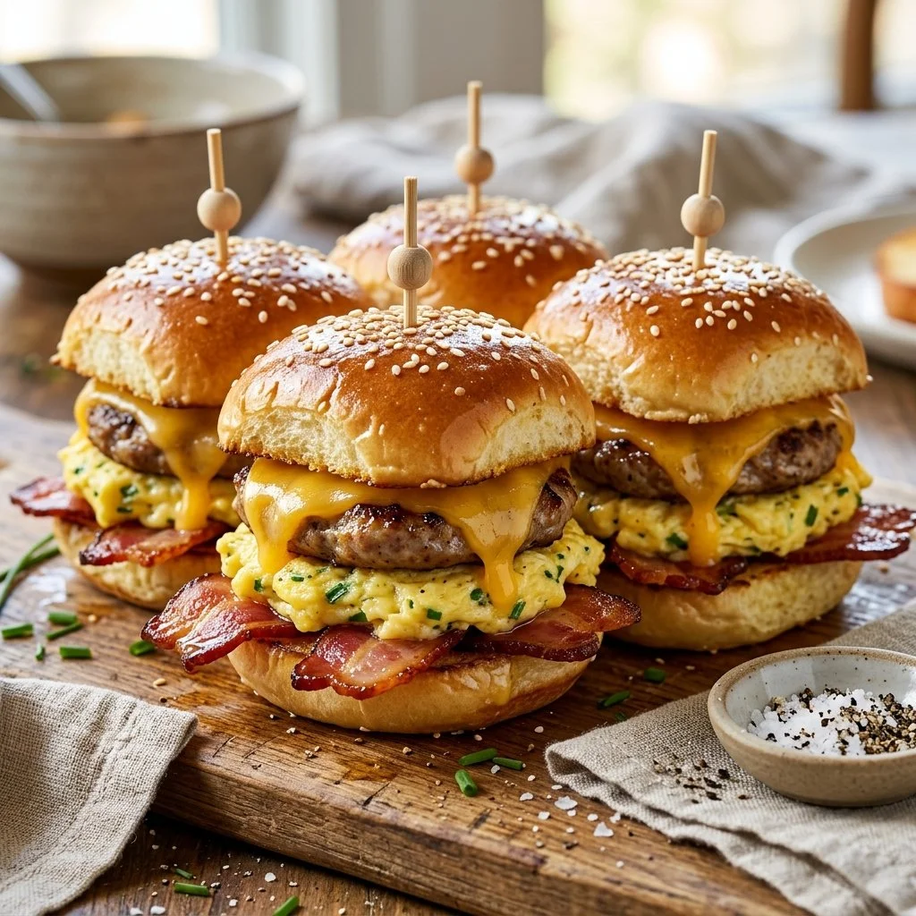 Delicious breakfast sliders with eggs and cheese served on a platter