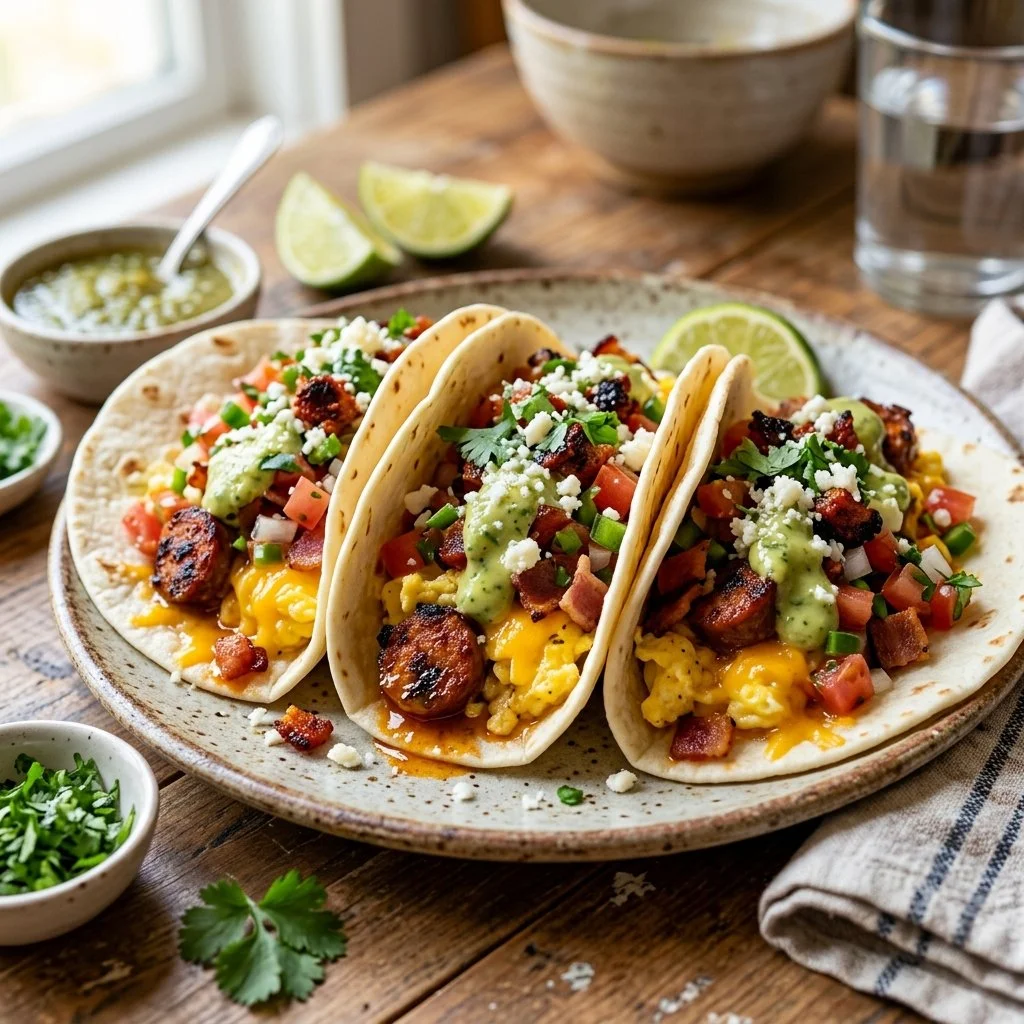Plate of delicious breakfast tacos with fresh ingredients and vibrant flavors
