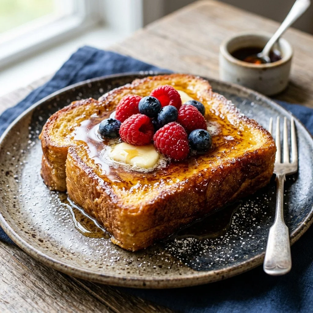Delicious Brioche French Toast served with fresh berries and syrup