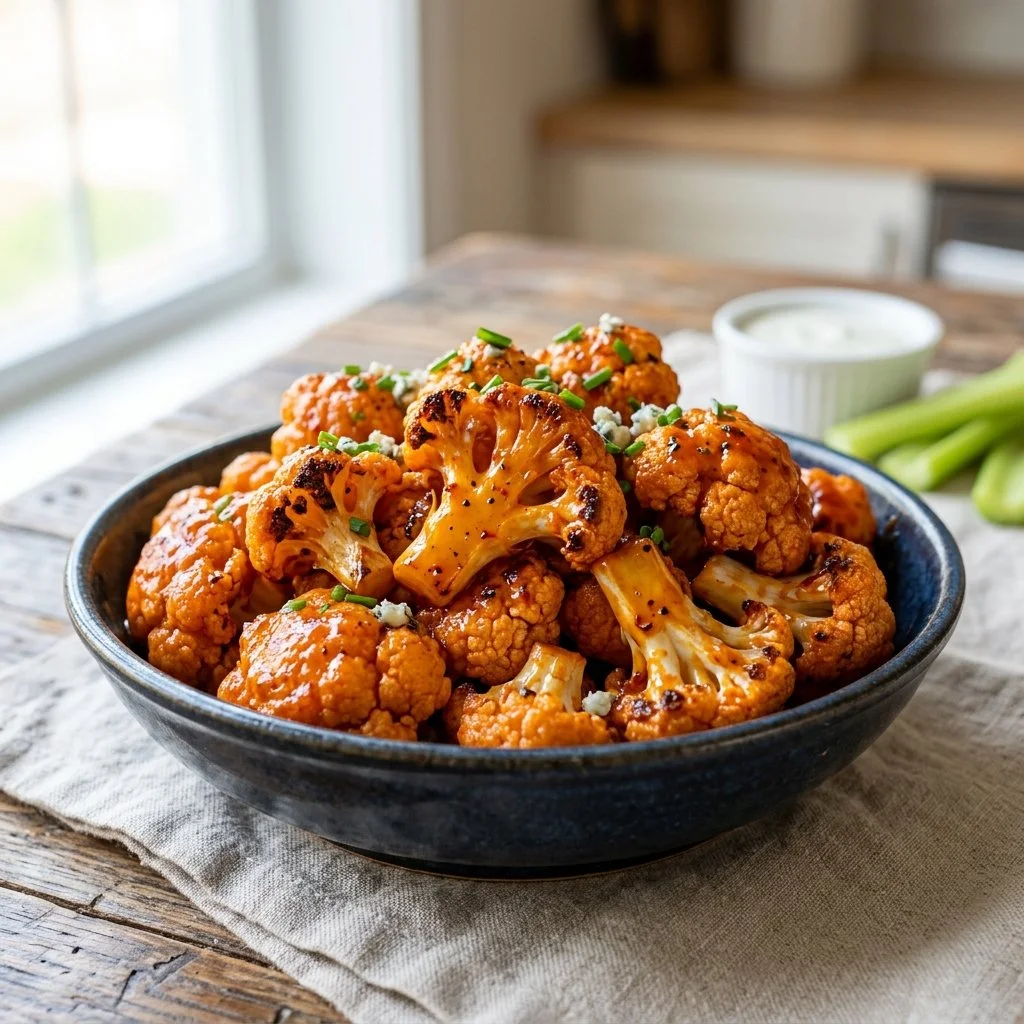 Spicy Buffalo Cauliflower florets served as a healthy appetizer