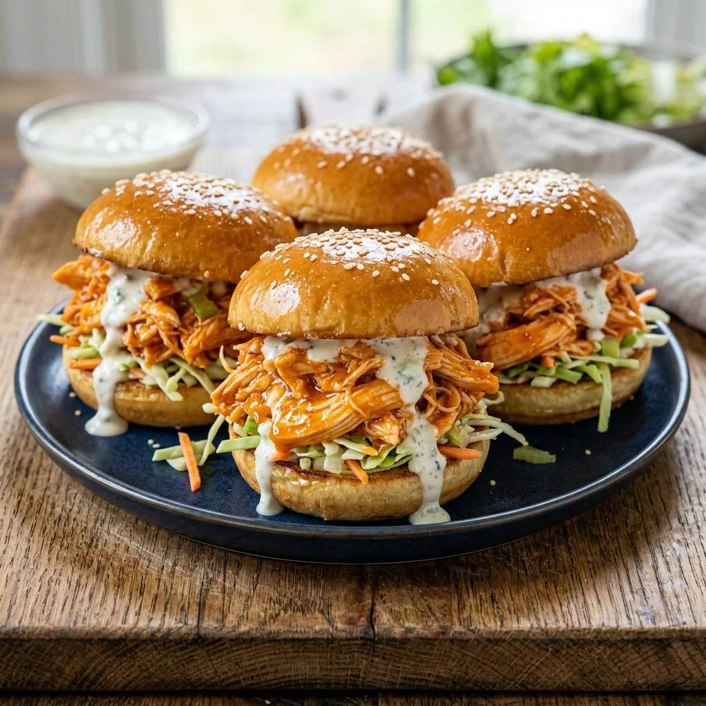 Buffalo Chicken Sliders served on a platter with fresh toppings