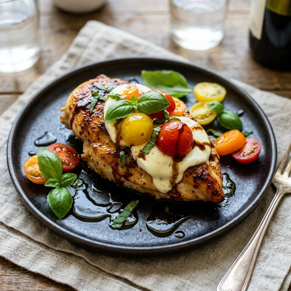 Juicy Caprese Chicken Breast topped with fresh mozzarella and basil.