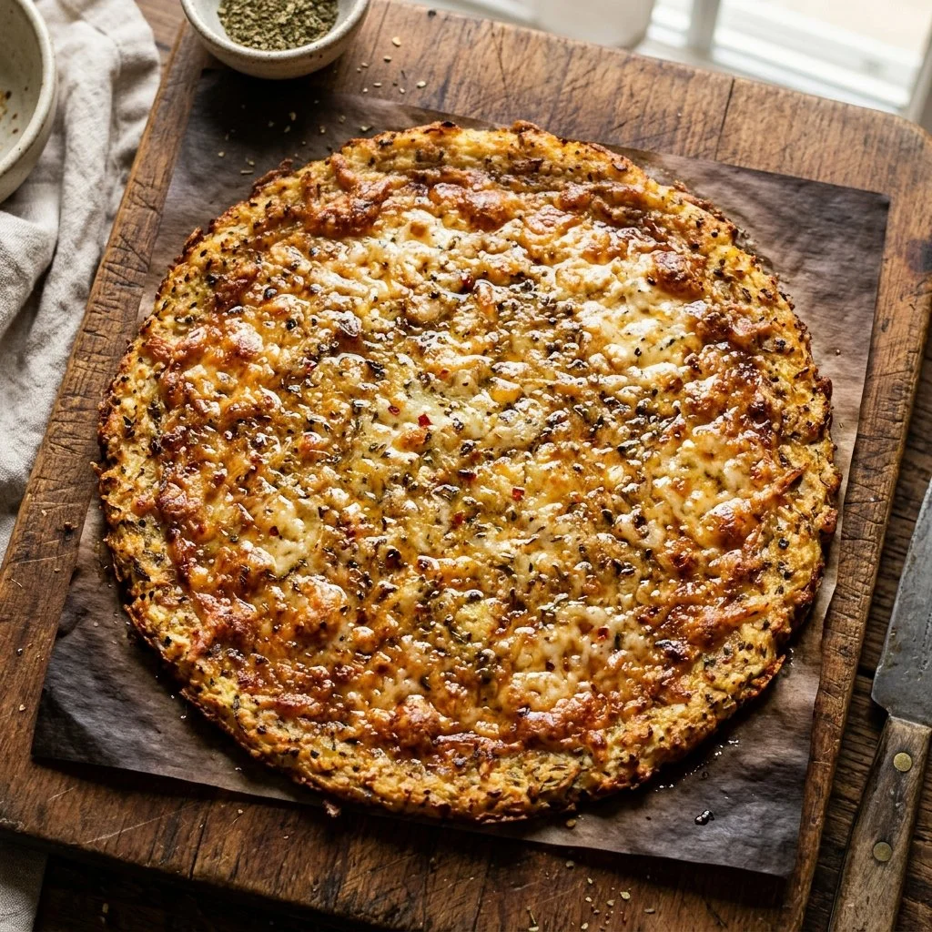 Healthy cauliflower pizza crust ready to be topped with fresh ingredients.