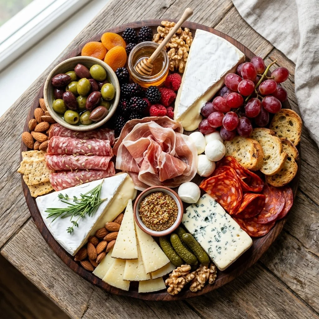 Beautifully arranged charcuterie board with cheeses, meats, and fruits