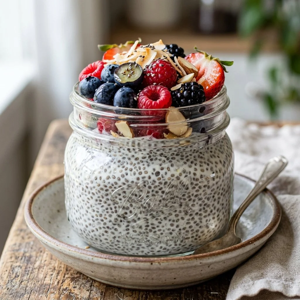 A bowl of chia seed pudding topped with fresh fruits and nuts