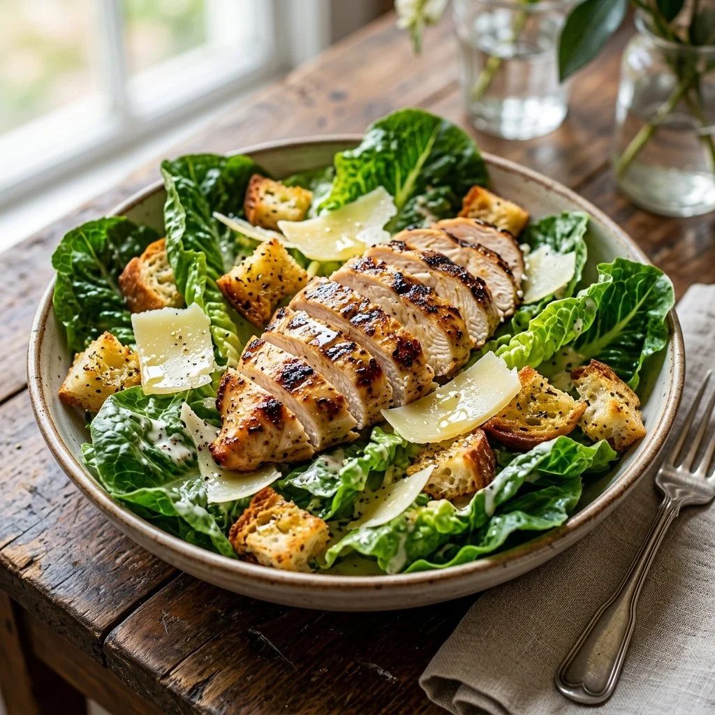 Delicious Chicken Caesar Salad with fresh greens, grilled chicken, and creamy dressing.