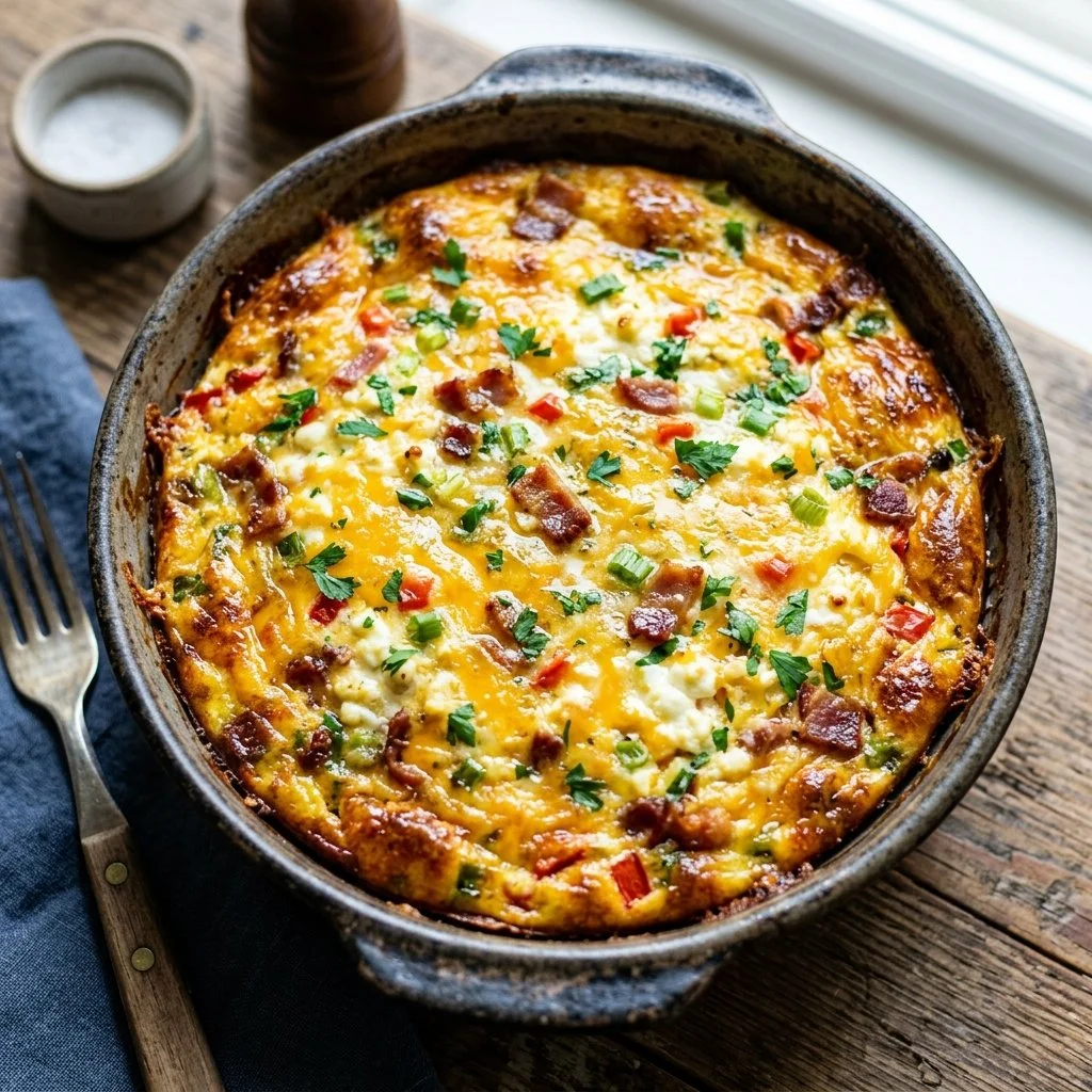 Cottage cheese egg bake garnished with herbs in a baking dish