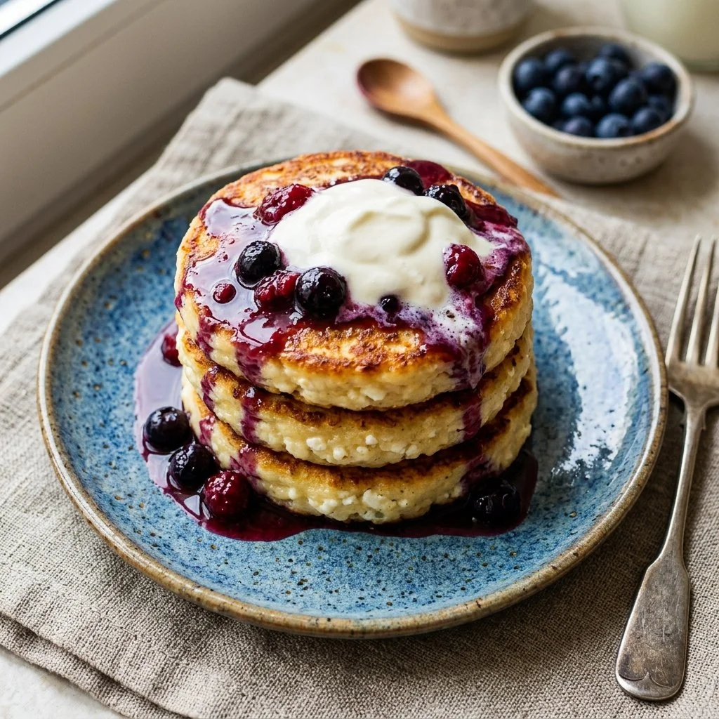 Fluffy cottage cheese pancakes served with syrup and berries