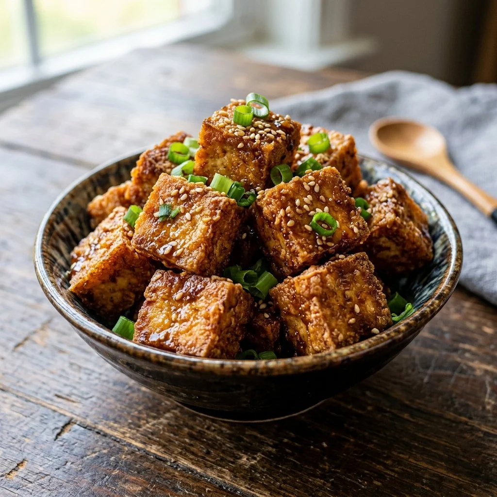 Crispy air fryer tofu garnished and ready to serve