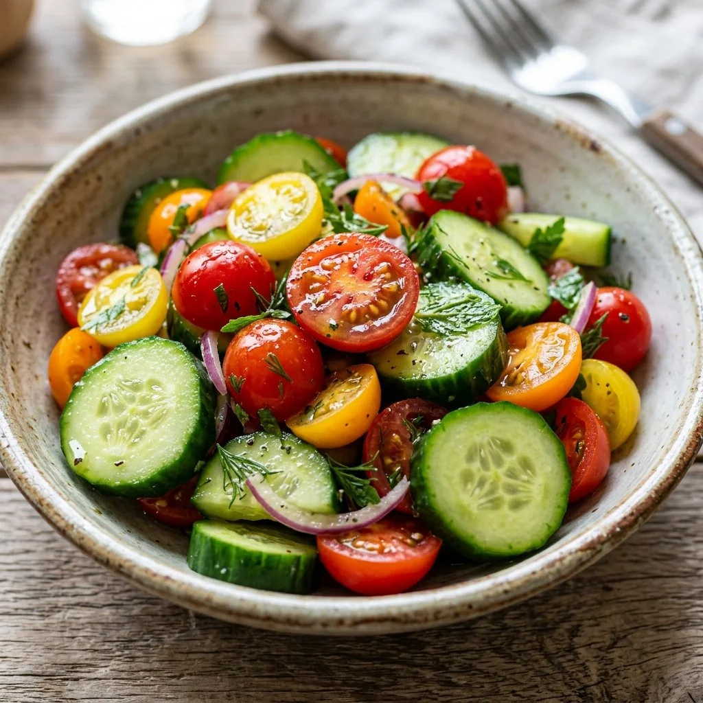 Freshly made Cucumber Tomato Salad with vibrant vegetables in a bowl