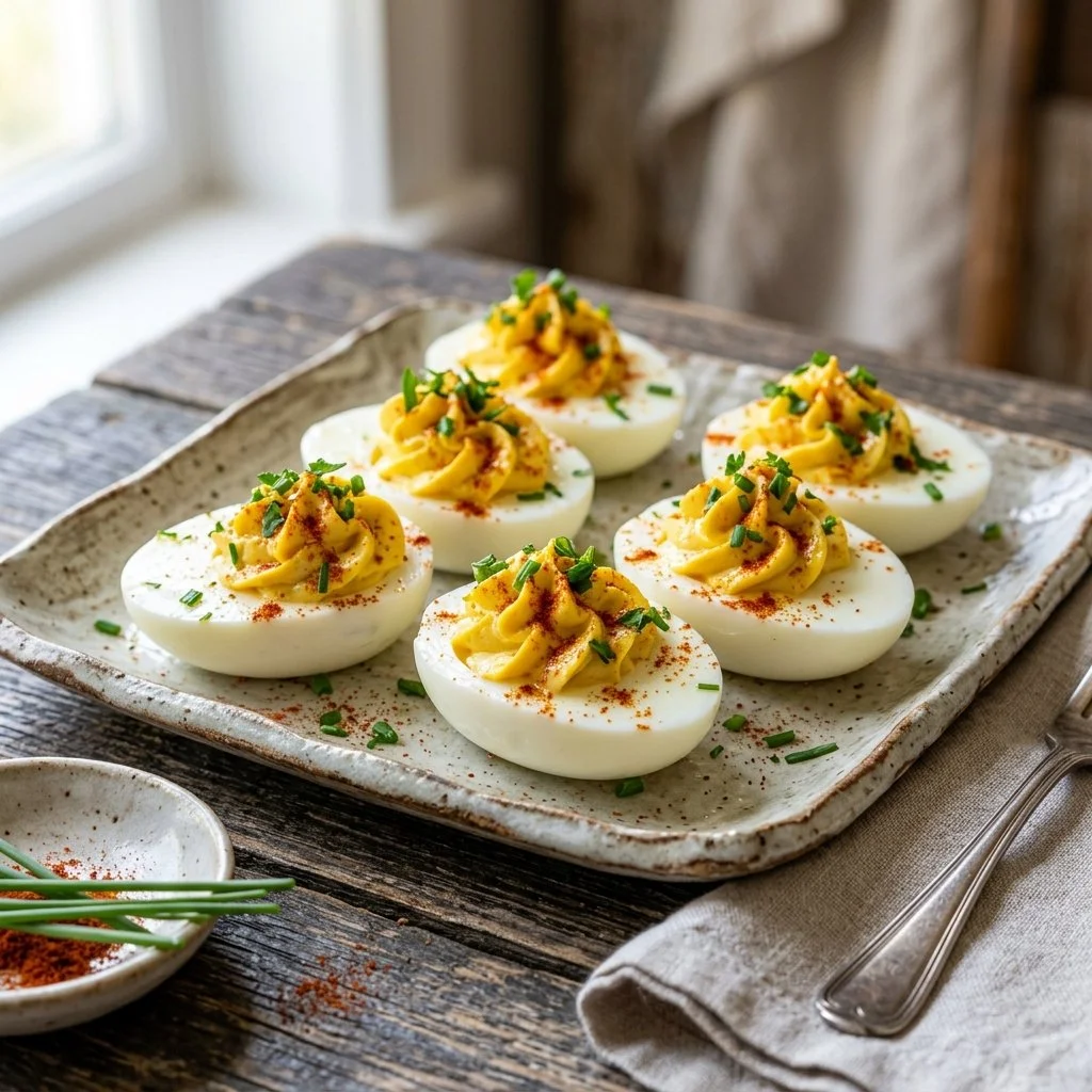 Delicious deviled eggs garnished with paprika and herbs
