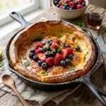 Delicious Dutch Baby Pancake served with fresh fruits and powdered sugar