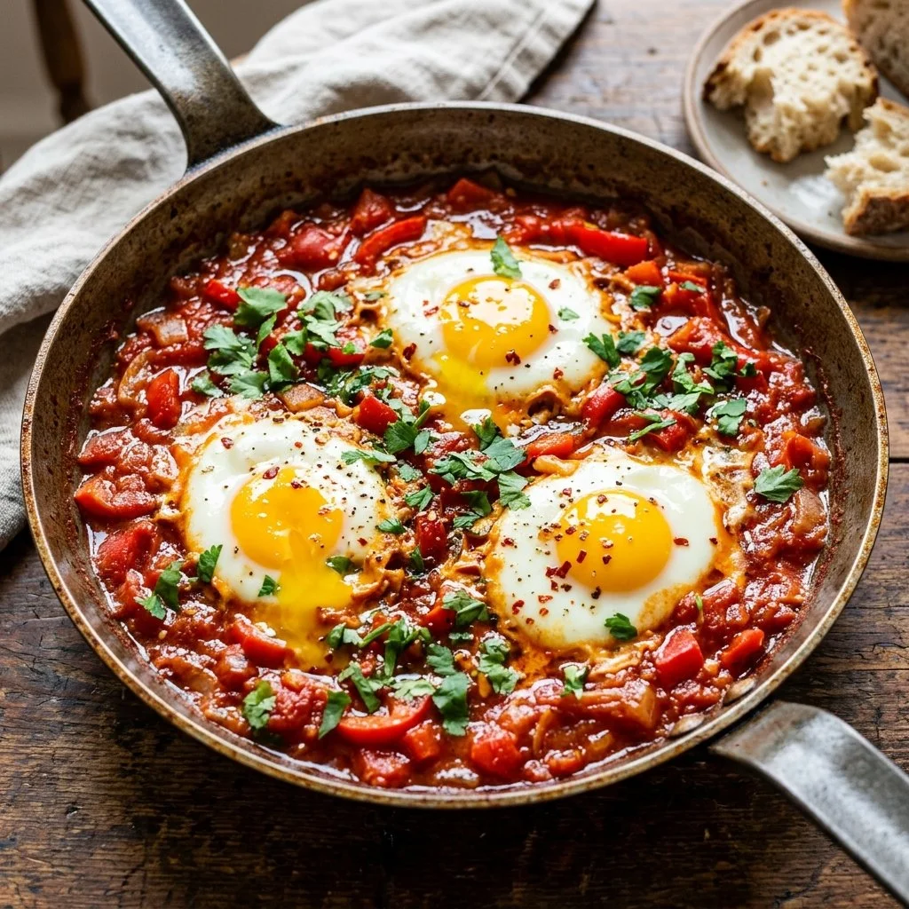Delicious easy shakshuka served in a skillet with eggs and spices