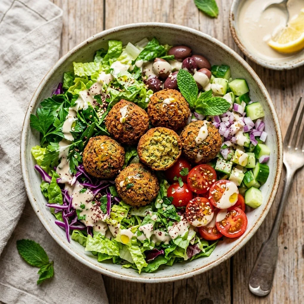 A colorful falafel salad bowl with fresh vegetables and delicious falafel on top.