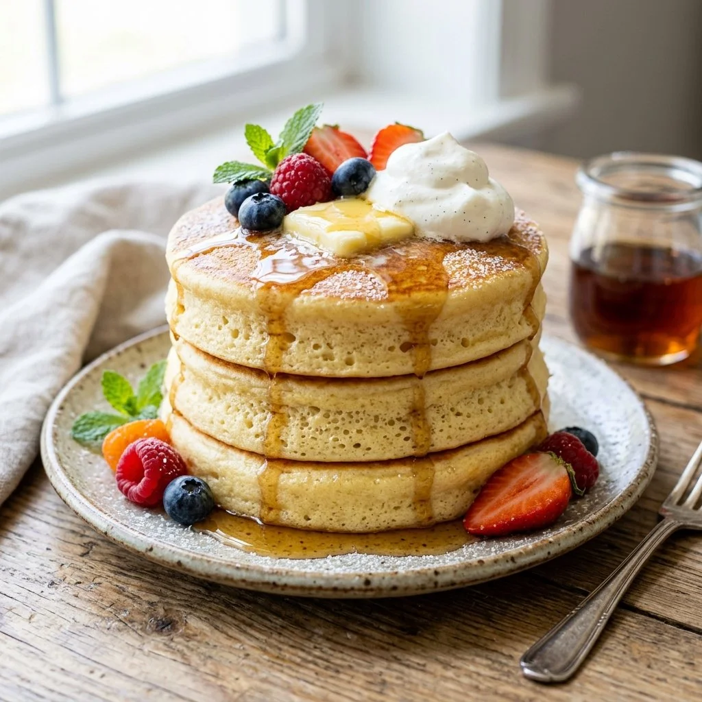 Fluffy Japanese pancakes stacked high with syrup and berries on top.
