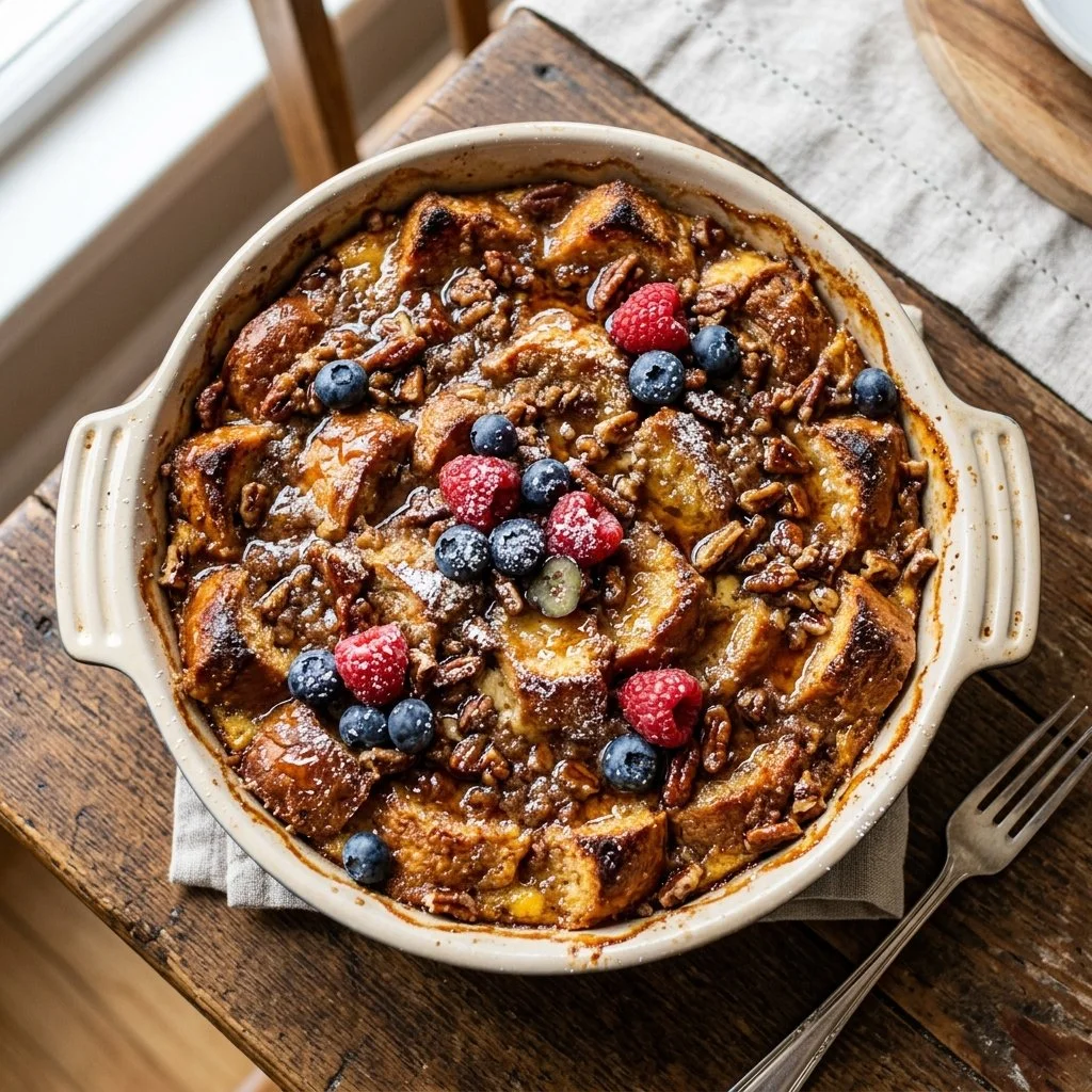 Delicious French Toast Casserole served with syrup and berries.