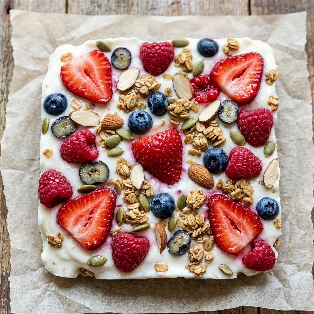 Homemade frozen yogurt bark topped with fruits and nuts