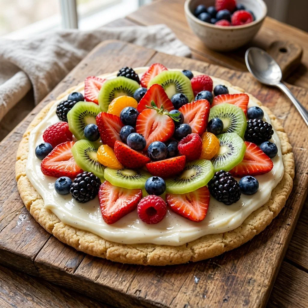 A vibrant fruit pizza topped with seasonal fruits and a creamy glaze.