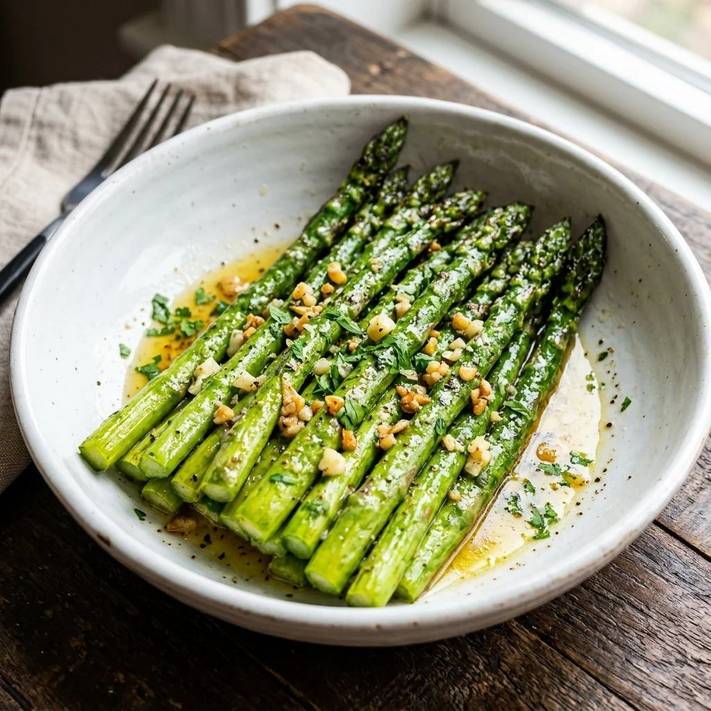 Delicious garlic butter asparagus dish served on a plate