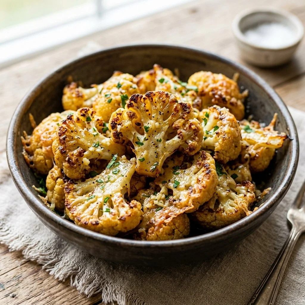 Delicious Garlic Parmesan Roasted Cauliflower served in a bowl