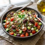 Healthy Greek Lentil Salad with fresh vegetables and Mediterranean herbs